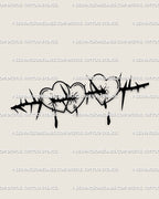 Three bleeding hearts tattoo stencil with thorns and barbed wire, sad love flash design symbolizing heartbreak and emotional strength.