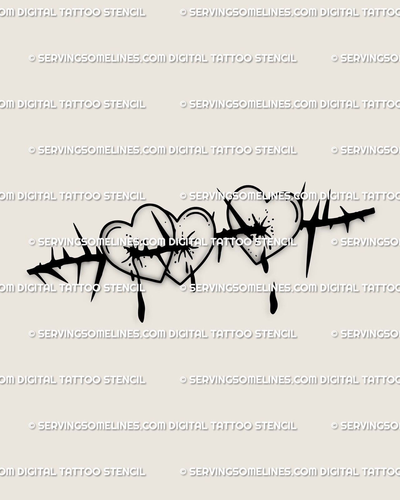 Three bleeding hearts tattoo stencil with thorns and barbed wire, sad love flash design symbolizing heartbreak and emotional strength.