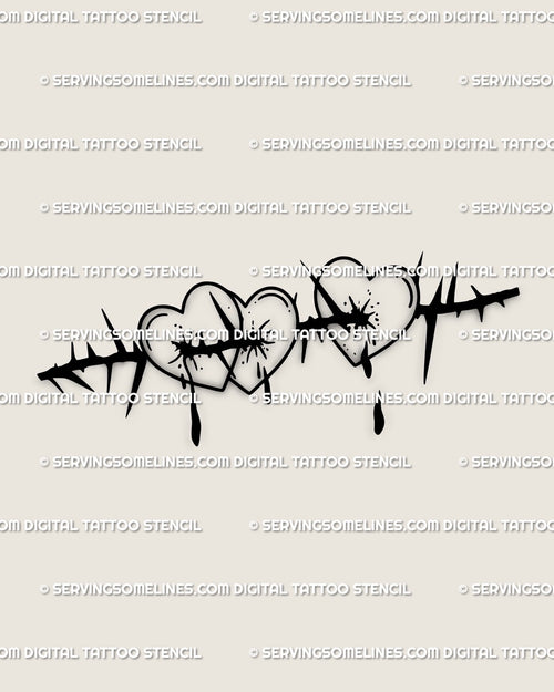 Three bleeding hearts tattoo stencil with thorns and barbed wire, sad love flash design symbolizing heartbreak and emotional strength.
