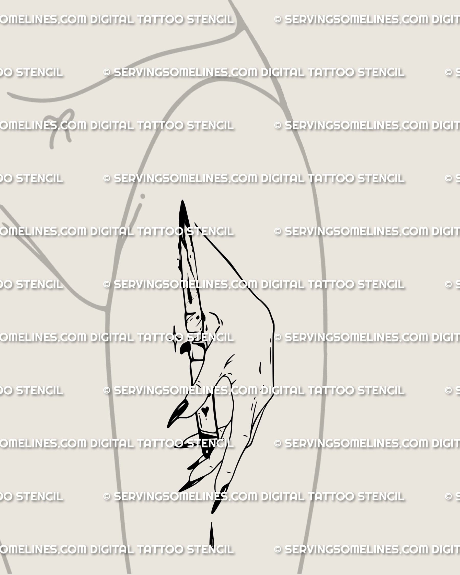 Bloody dagger tattoo drawing of a woman’s hand holding knife, witchy style flash design shown as dark feminine thigh tattoo.