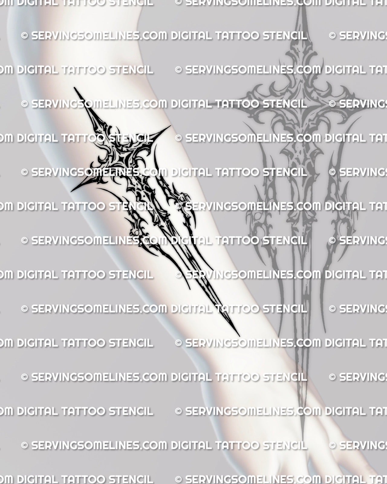 Bold blade cross stencil shown on forearm placement, straight sword spine with narrow crossbar, designed to read clean at small sizes.