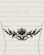 bold gothic rose tattoo stencil in blackwork style displayed under the bust on a female model, downloadable thorned rose design for gothic tattoo shoppers