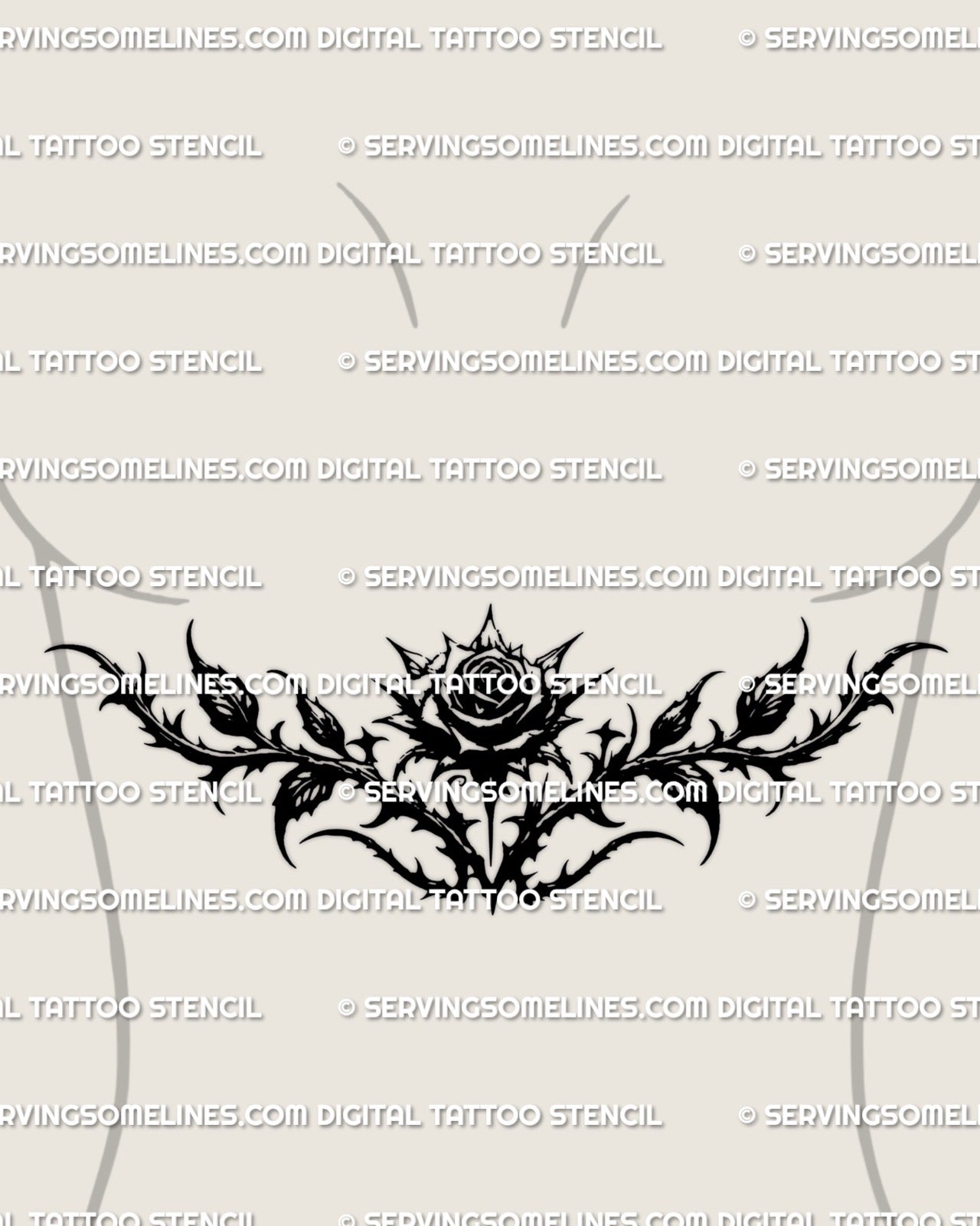 bold gothic rose tattoo stencil in blackwork style displayed under the bust on a female model, downloadable thorned rose design for gothic tattoo shoppers