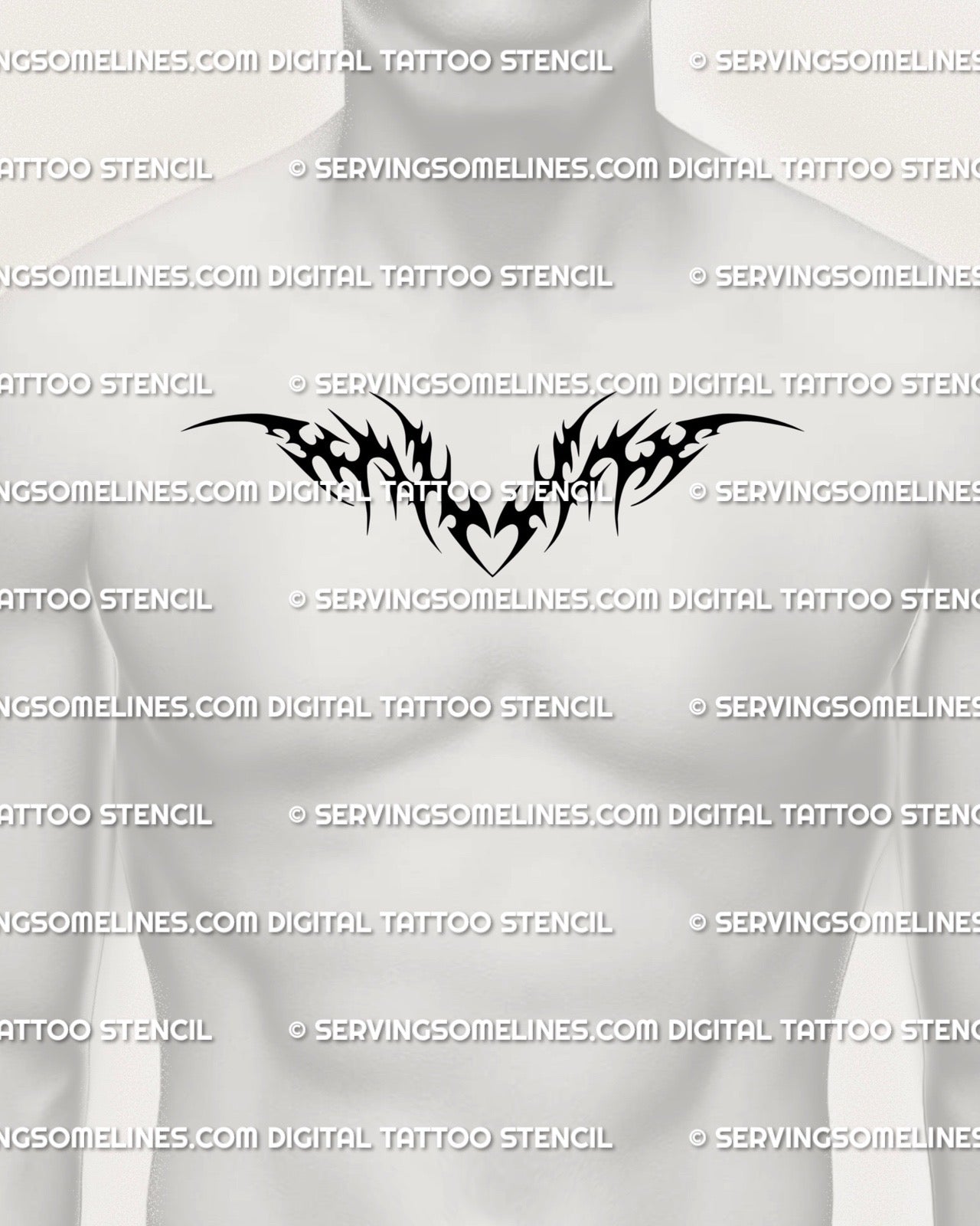 Bold tribal heart chestpiece digital stencil displayed on a man’s chest, wide black curves forming a strong symmetrical upper chest layout