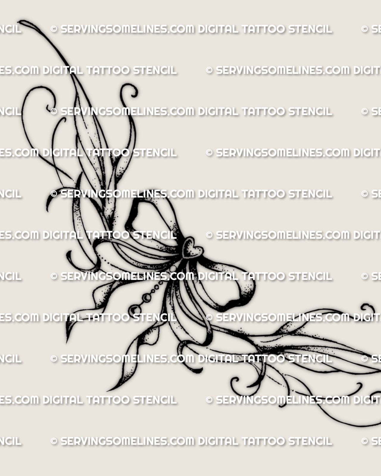Main design view of a bow lower back tattoo stencil, showing the ribbon bow, side framing, and balanced waist spread.
