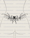 Bow lower back tattoo shown on womens lower back placement, with a centered ribbon bow and elegant side extensions.