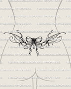 Bow lower back tattoo shown on womens lower back placement, with a centered ribbon bow and elegant side extensions.