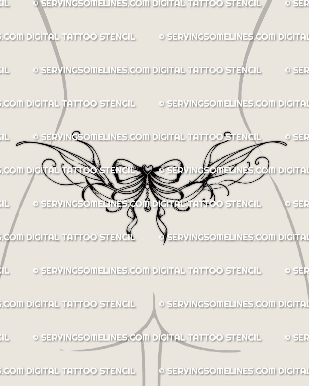 Bow lower back tattoo shown on womens lower back placement, with a centered ribbon bow and elegant side extensions.