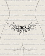 Bow lower waist tattoo shown in a smaller-scale placement view, with a centered ribbon bow and soft decorative spread.