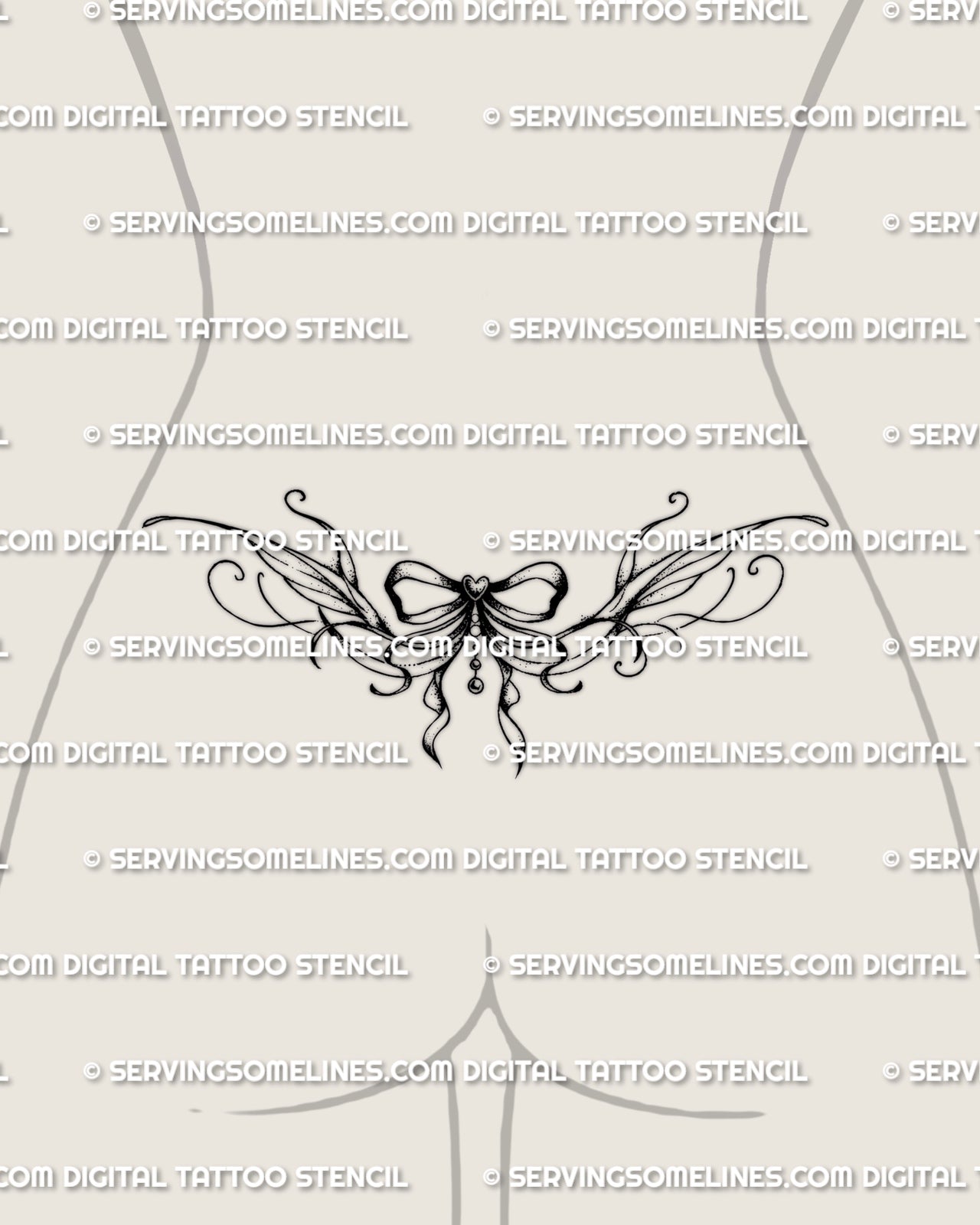 Bow lower waist tattoo shown in a smaller-scale placement view, with a centered ribbon bow and soft decorative spread.