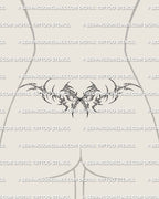Bow tramp stamp tattoo stencil displayed on female lower back placement with cyber sigil detail and wide waist shape
