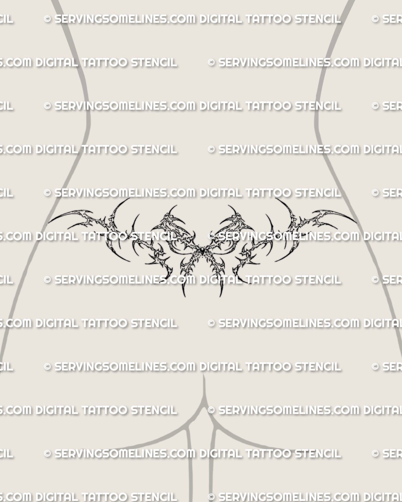 Bow tramp stamp tattoo stencil displayed on female lower back placement with cyber sigil detail and wide waist shape