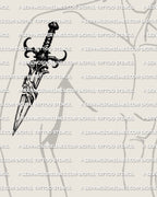Instant broken blade dagger tattoo stencil on mens arm placement example, clear spacing for resizing, includes PNG JPEG PDF.