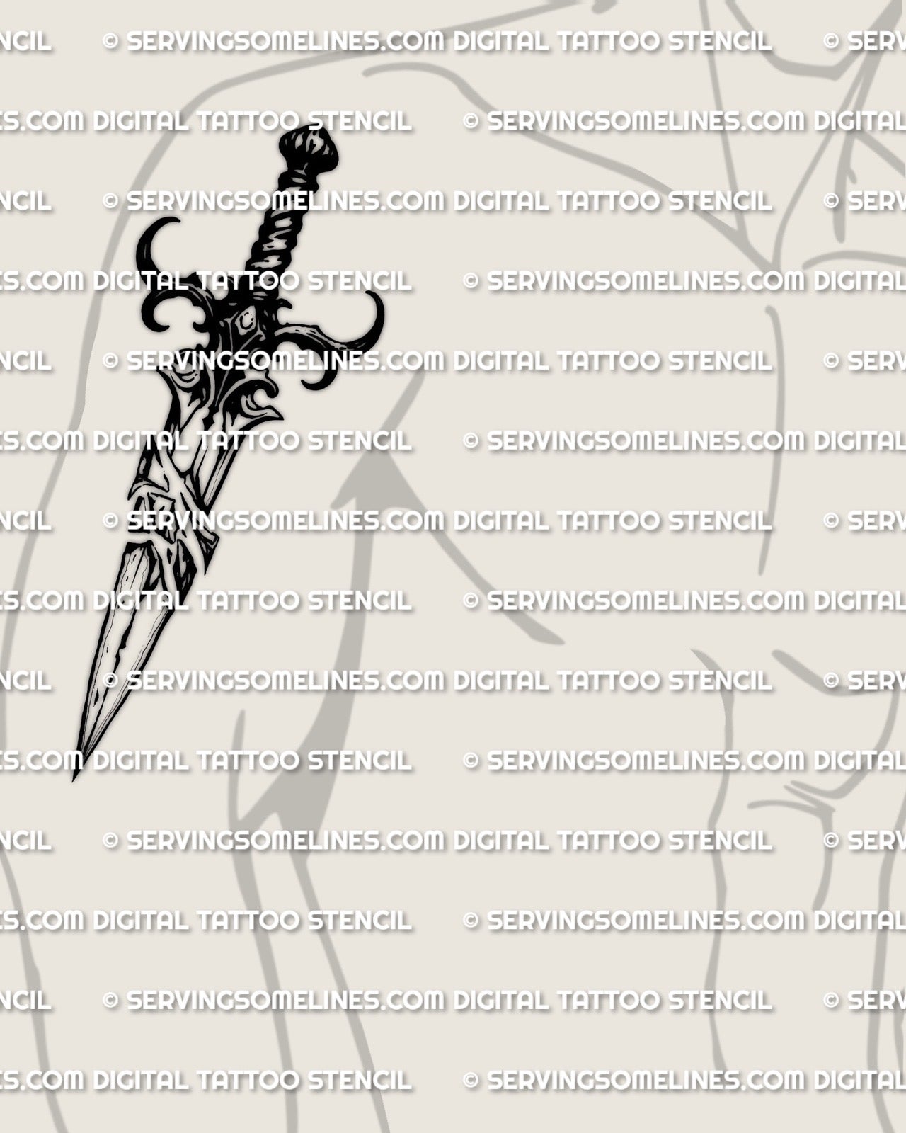 Instant broken blade dagger tattoo stencil on mens arm placement example, clear spacing for resizing, includes PNG JPEG PDF.