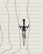 Broken blade tattoo stencil download shown on calf placement example, long vertical dagger silhouette, sizing check, PNG JPEG PDF.