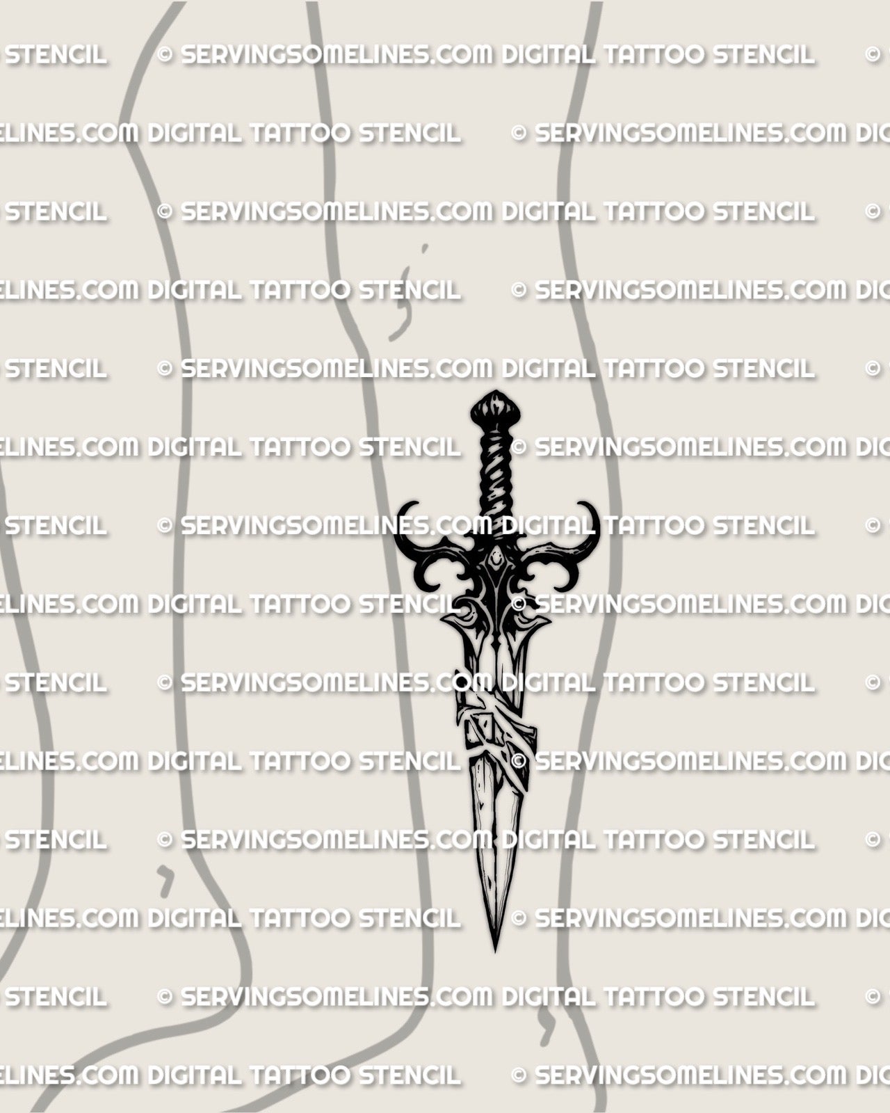 Broken blade tattoo stencil download shown on calf placement example, long vertical dagger silhouette, sizing check, PNG JPEG PDF.