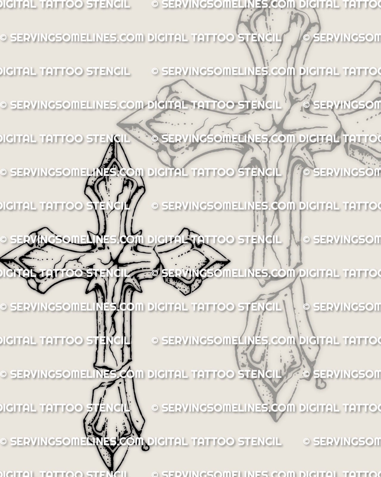 Cracked cross tattoo design stencil, dark broken cross silhouette with fracture lines and worn texture, design on plain background.