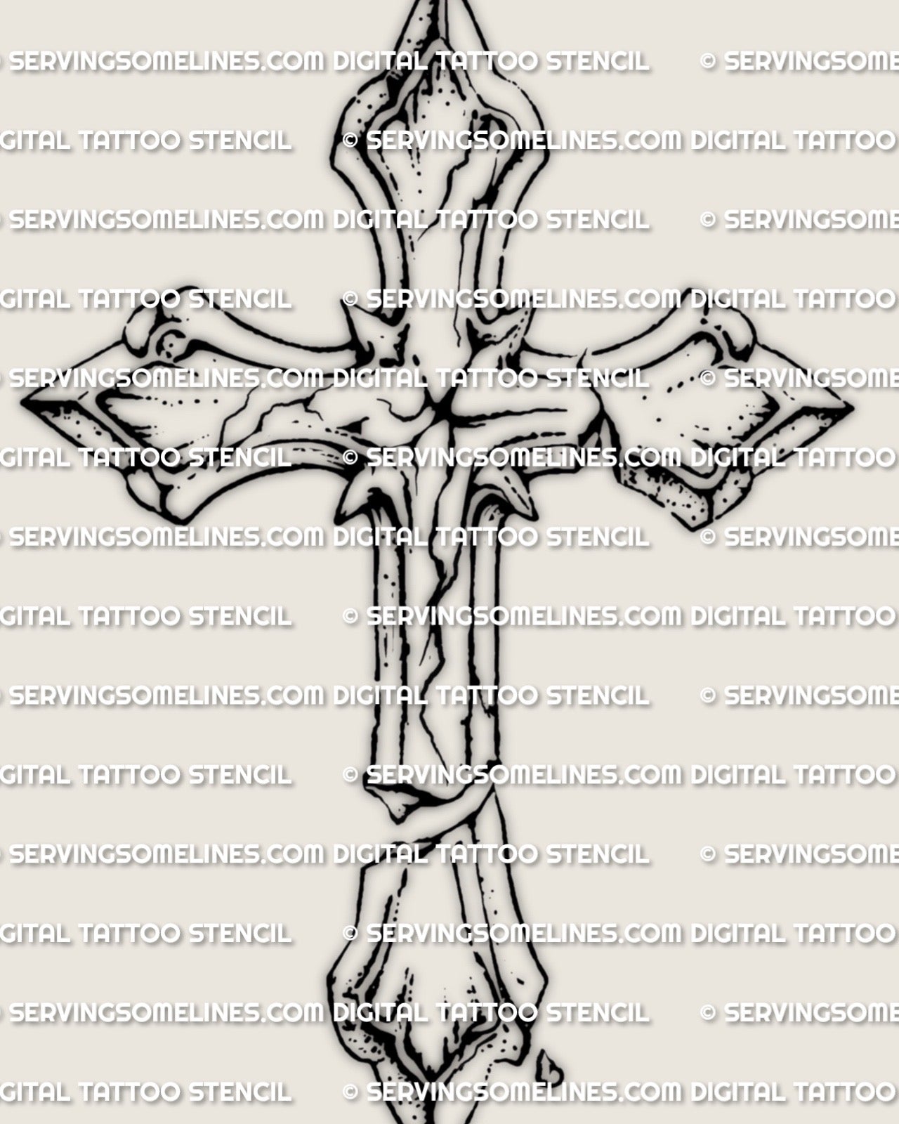 Broken cross tattoo stencil, distressed cracked gothic cross design close up on light background, clean outline for transfer.