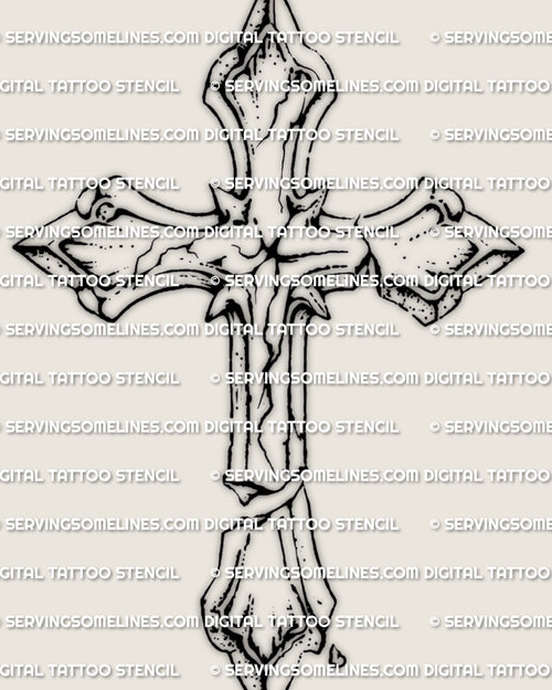 Broken cross tattoo stencil, distressed cracked gothic cross design close up on light background, clean outline for transfer.