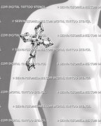 Broken cross tattoo stencil shown on men's biceps with cracked edges, split surface lines, and distressed stone texture.