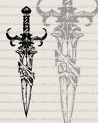 Closeup line detail of broken dagger tattoo stencil, clean edges for transfer, stays readable when resized, instant download files.