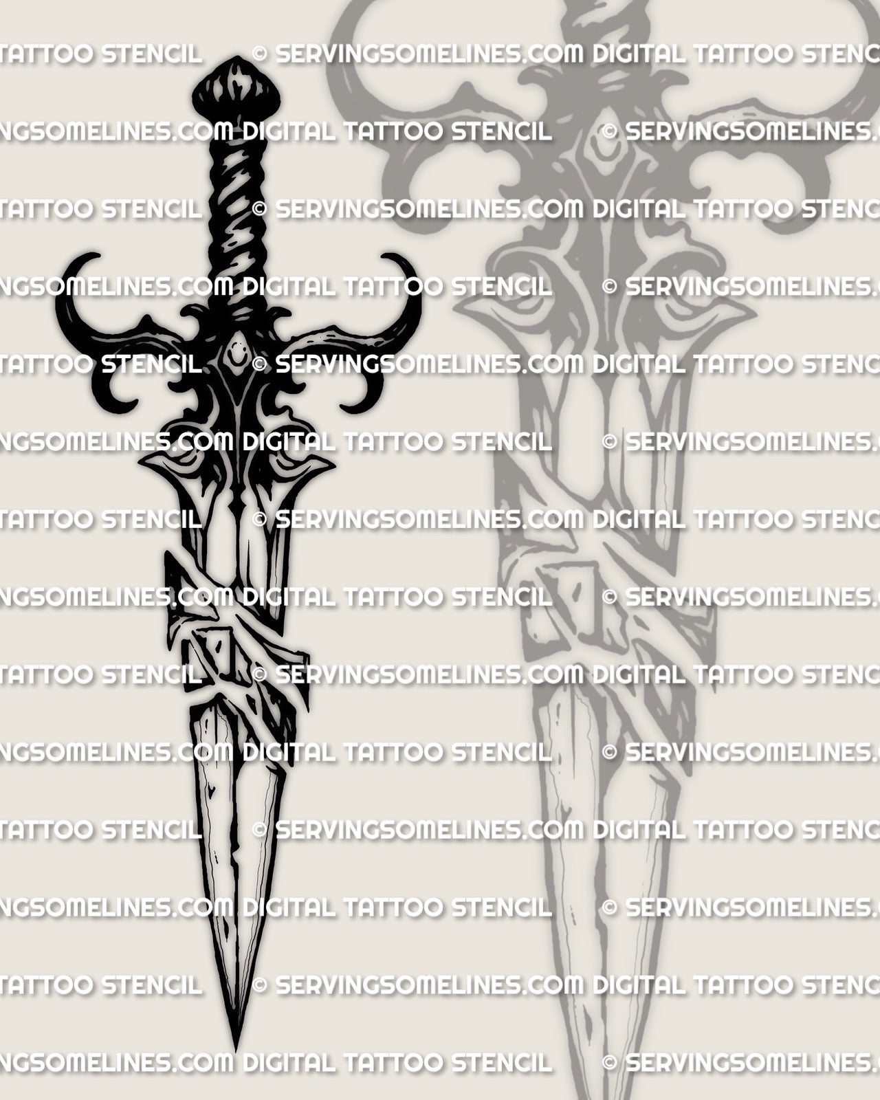 Closeup line detail of broken dagger tattoo stencil, clean edges for transfer, stays readable when resized, instant download files.