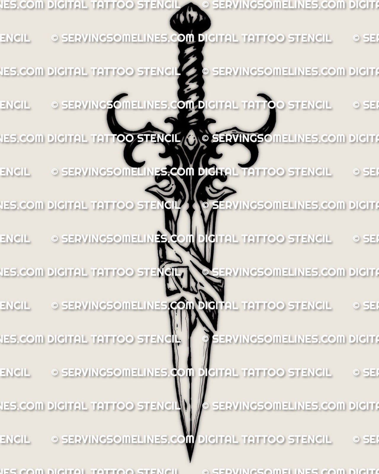 Broken dagger tattoo stencil download, jagged blade silhouette, instant files for sizing and transfer, PNG JPEG PDF included.