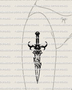 Broken dagger tattoo stencil download shown on womens thigh placement example, clean outline dagger for transfer, printable PNG JPEG PDF.