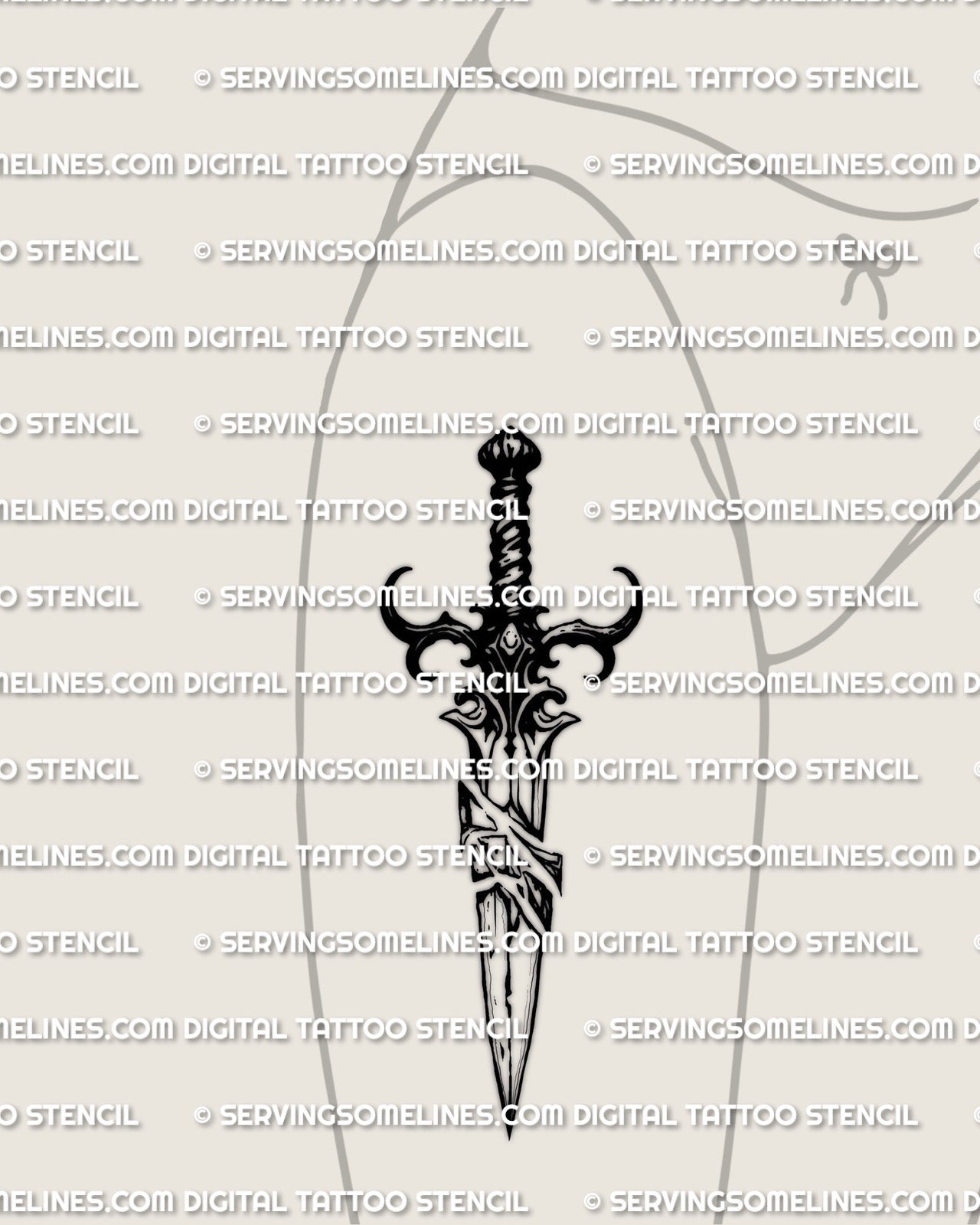 Broken dagger tattoo stencil download shown on womens thigh placement example, clean outline dagger for transfer, printable PNG JPEG PDF.