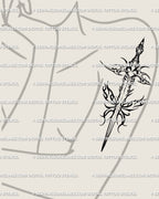 Burning dagger tattoo stencil shown on women's upper arm placement, flame dagger linework, easy resizing.