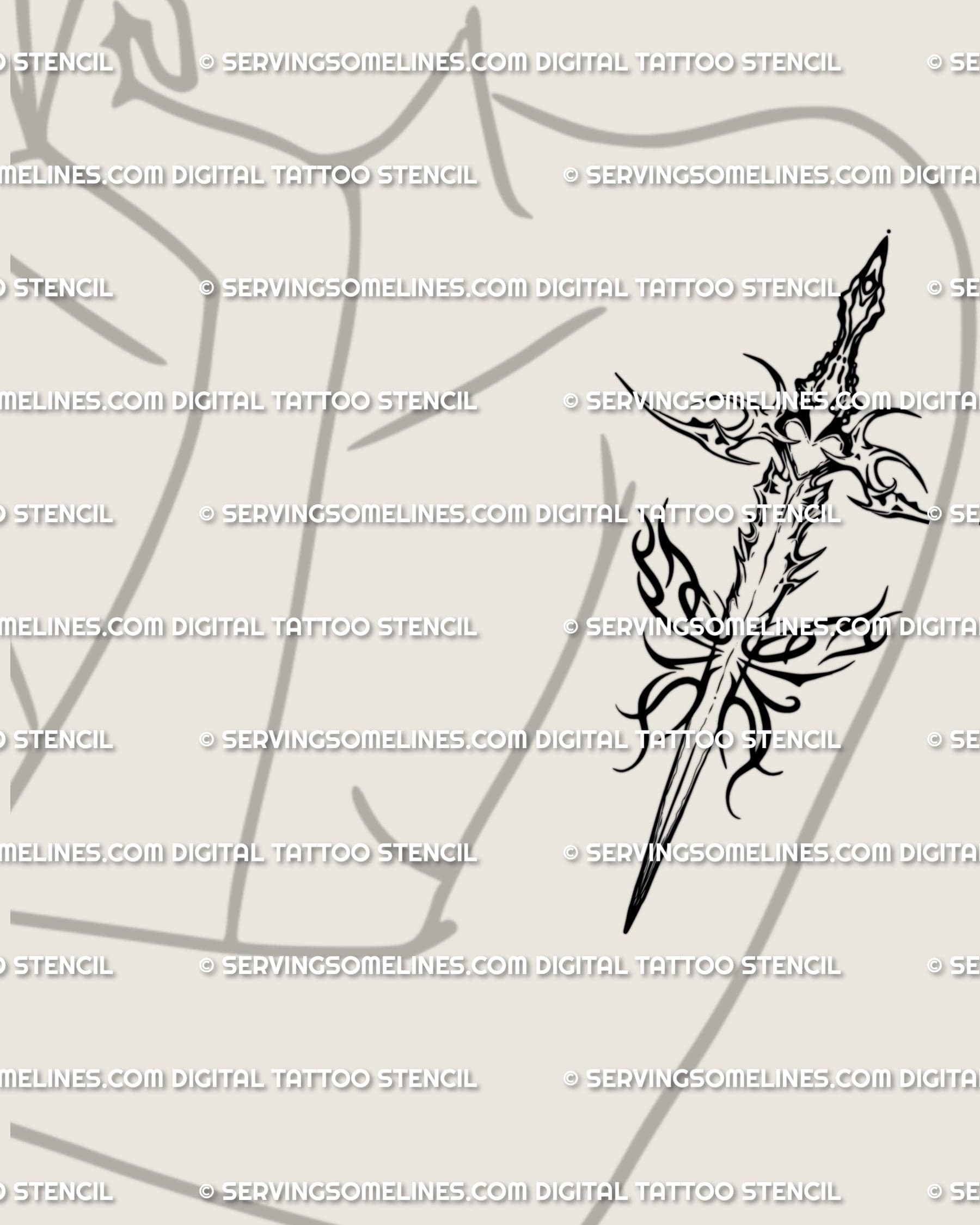 Burning dagger tattoo stencil shown on women's upper arm placement, flame dagger linework, easy resizing.