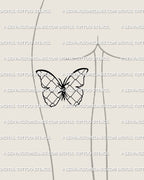 Back-thigh mockup showing the mesh-wing butterfly tattoo stencil, fine line outlines shaped to fit the curve of the leg for a clean feminine look