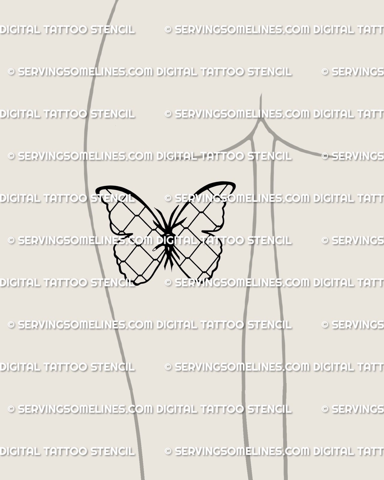 Back-thigh mockup showing the mesh-wing butterfly tattoo stencil, fine line outlines shaped to fit the curve of the leg for a clean feminine look