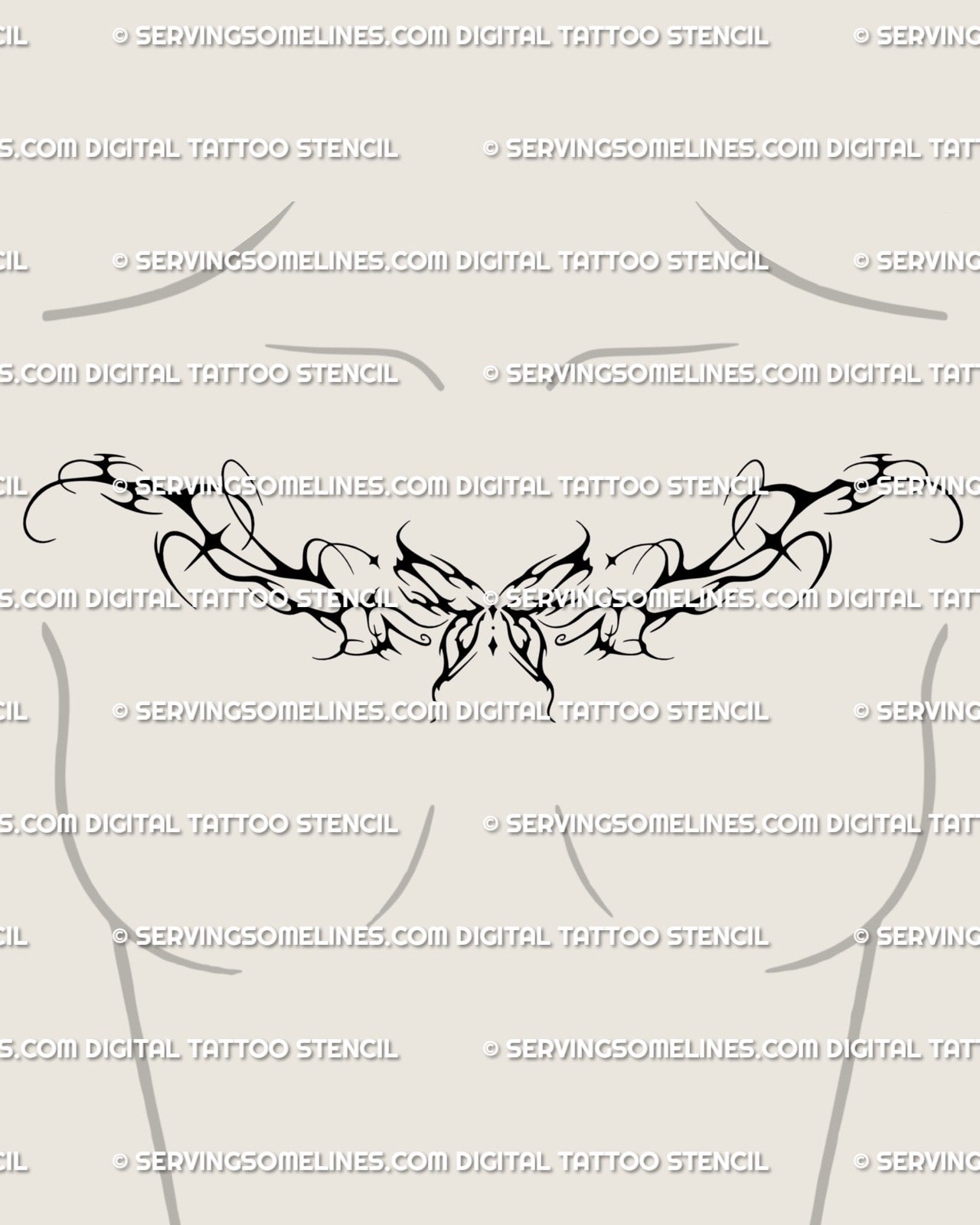 Butterfly tattoo stencil shown on chest center placement, fairycore wings with neotribal flow and ornamental balance for feminine look.