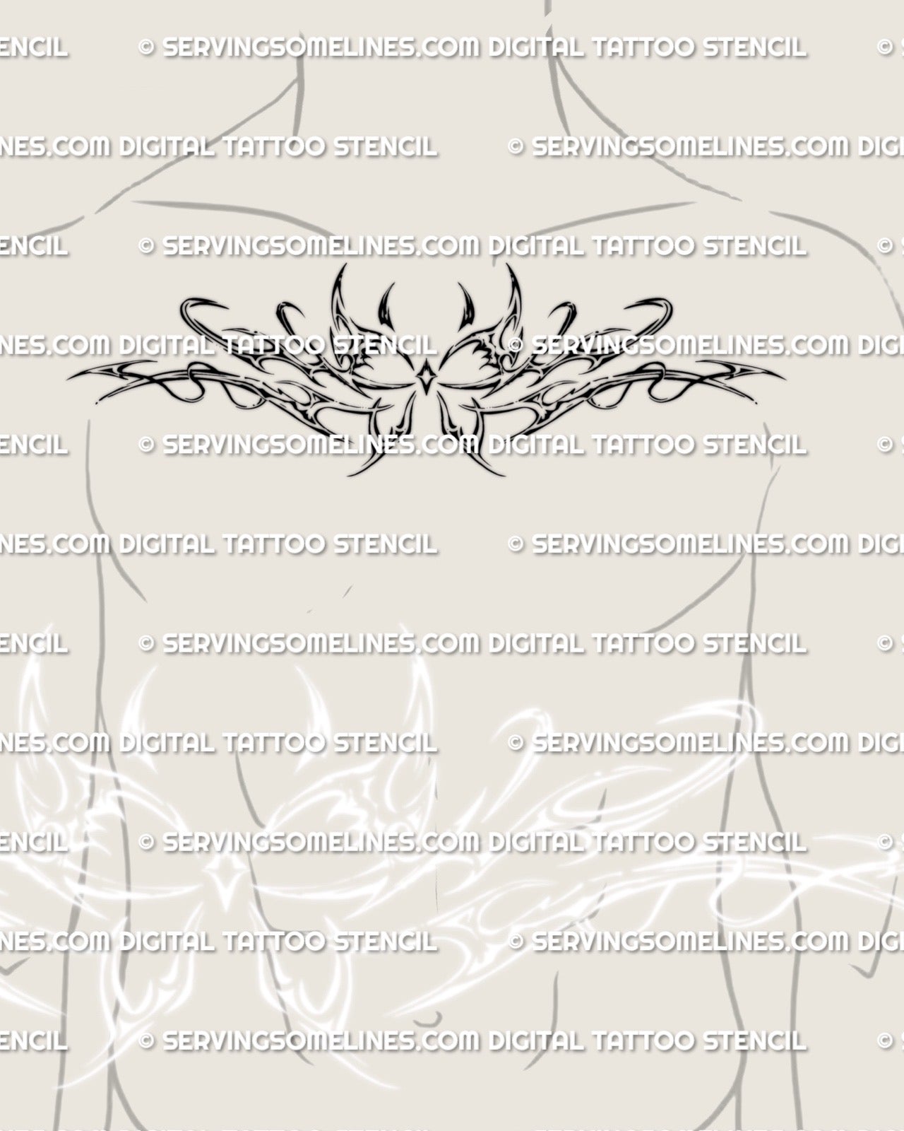 tribal butterfly tattoo on male chest, wide wing layout across pectorals, bold neotribal shapes for masculine chest tattoo ideas
