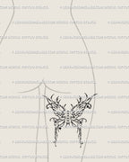 Butterfly corset ribbon tattoo idea for back thigh placement, gothic fairy wings with cyber sigil influence, elegant yet alternative in meaning.