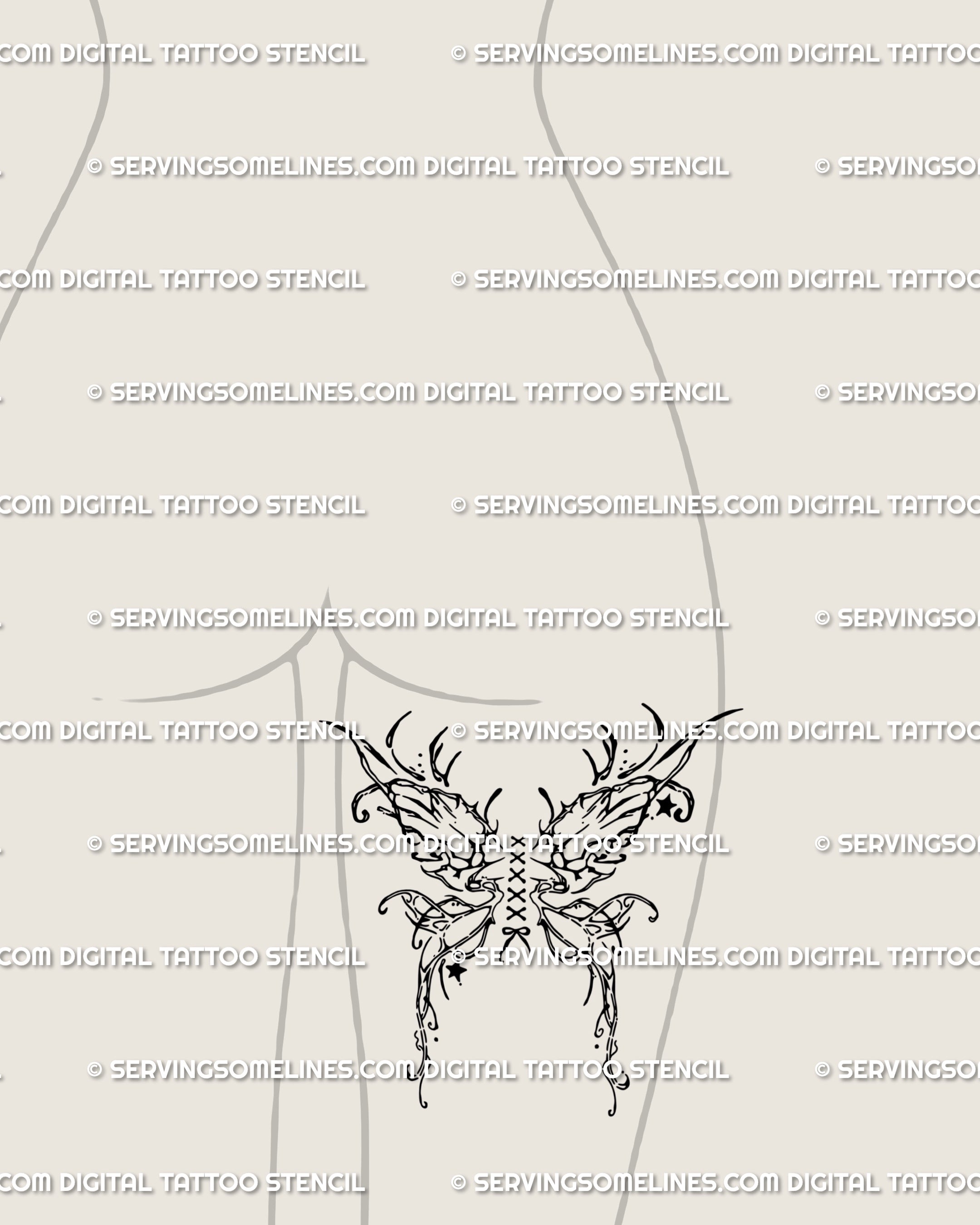 Butterfly corset ribbon tattoo idea for back thigh placement, gothic fairy wings with cyber sigil influence, elegant yet alternative in meaning.