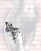 Cybersigilism butterfly cross tattoo stencil digital download shown on feminine hip placement with clean dark cross linework.
