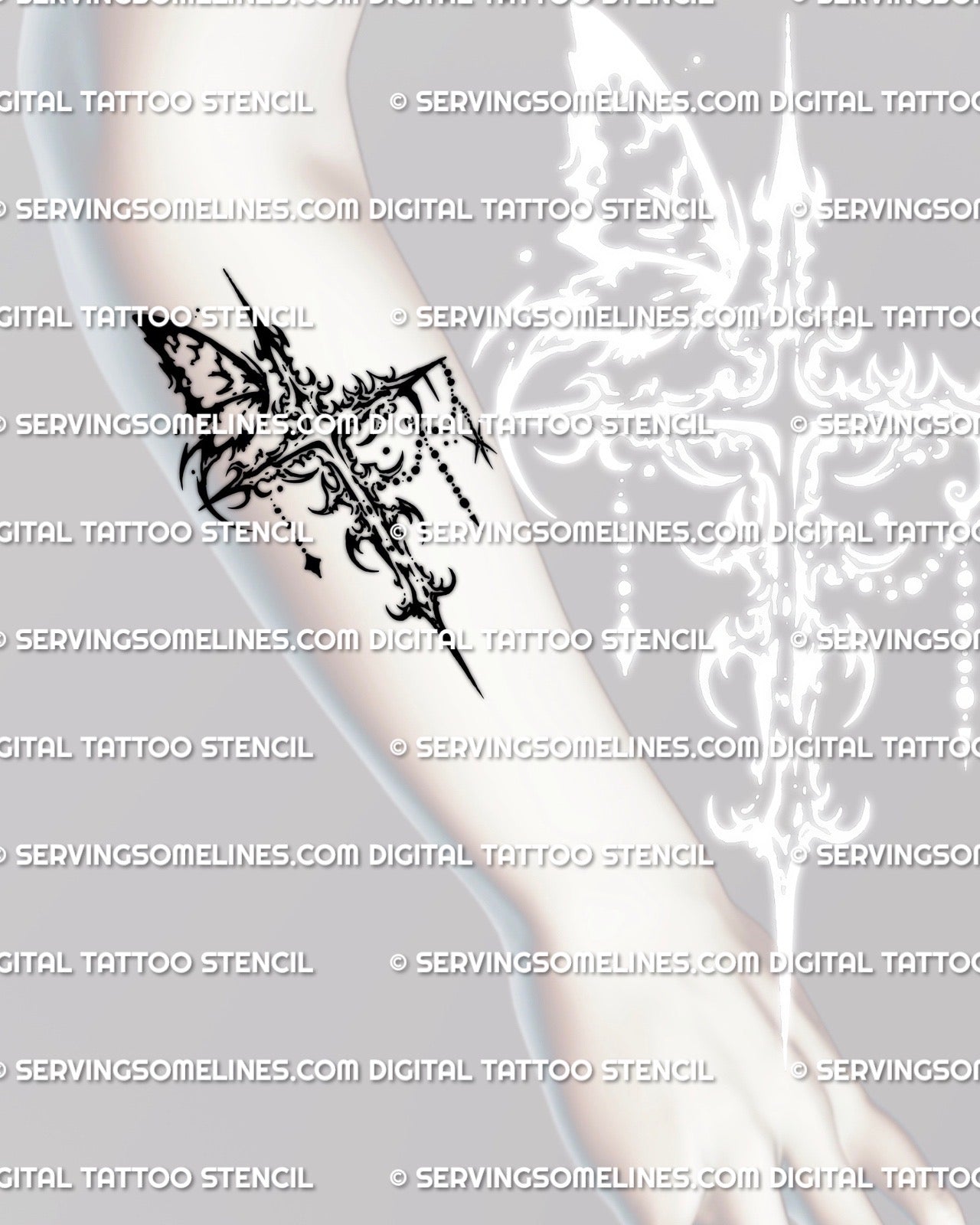 Butterfly cross tattoo stencil shown on forearm placement combining cybersigilism linework with a dark cross design.
