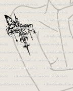 Butterfly cross tattoo stencil digital file displayed on womens arm placement drawn in cybersigilism style for stencil use.