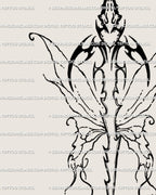 Close-up of the butterfly dagger handle showing heart, sigilism symbols, and intricate line art blade details in feminine style.