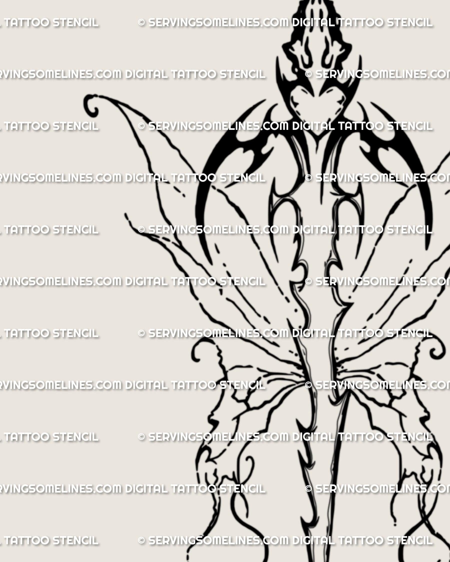 Close-up of the butterfly dagger handle showing heart, sigilism symbols, and intricate line art blade details in feminine style.