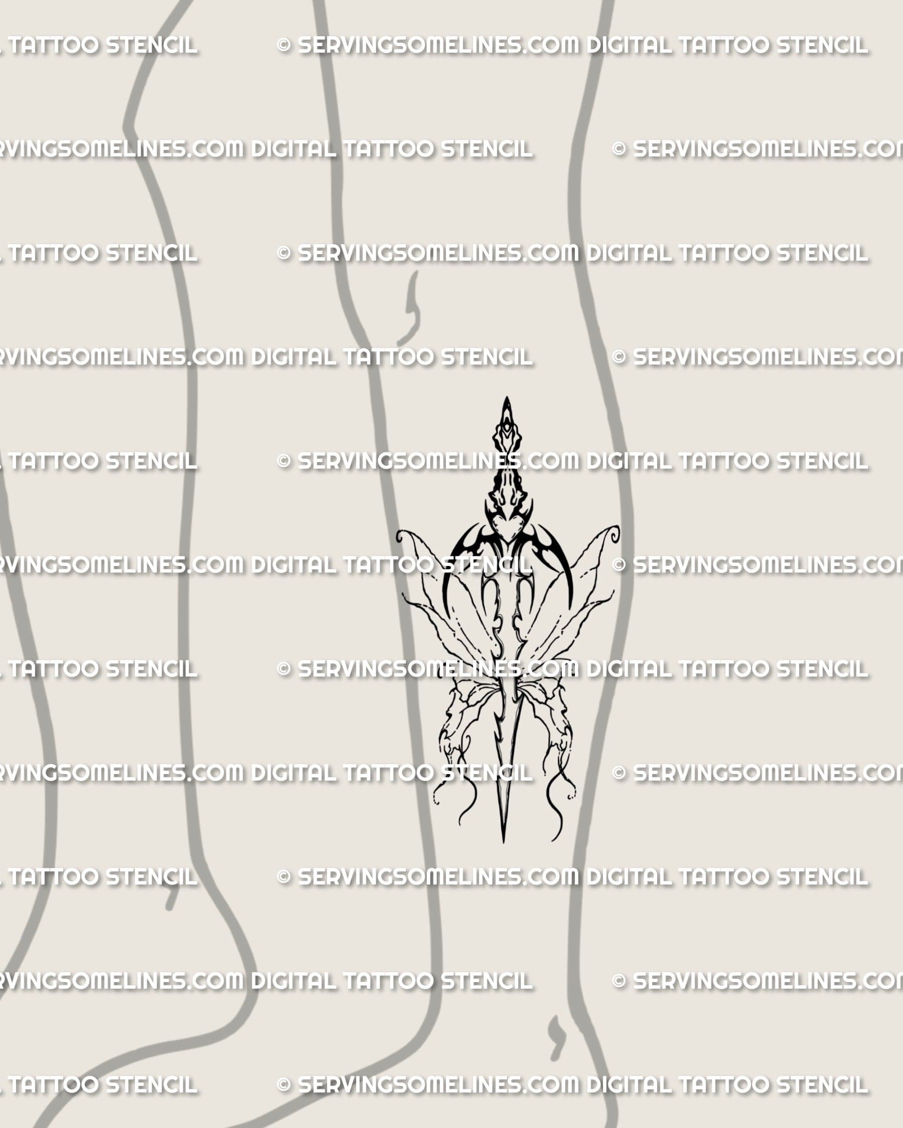 Butterfly dagger tattoo meaning piece on the lower leg, a graceful feminine weapon tattoo symbolizing beauty and protection.