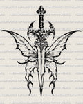 Butterfly dagger tattoo stencil, straight blade with butterfly-guard detail, clean linework for printing and stencil transfer.