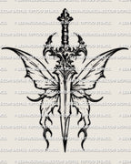 Butterfly dagger tattoo stencil, straight blade with butterfly-guard detail, clean linework for printing and stencil transfer.