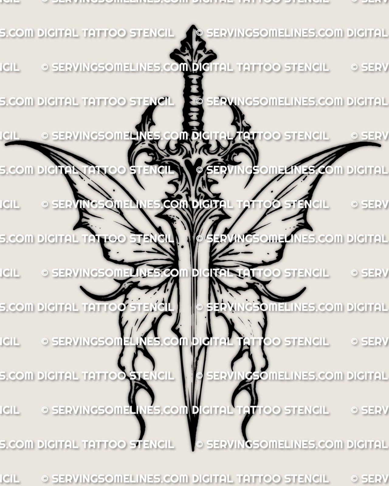 Butterfly dagger tattoo stencil, straight blade with butterfly-guard detail, clean linework for printing and stencil transfer.