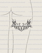 Butterfly heart tattoo displayed on feminine back of thigh example, showing a wide Y2K tribal shape across the leg