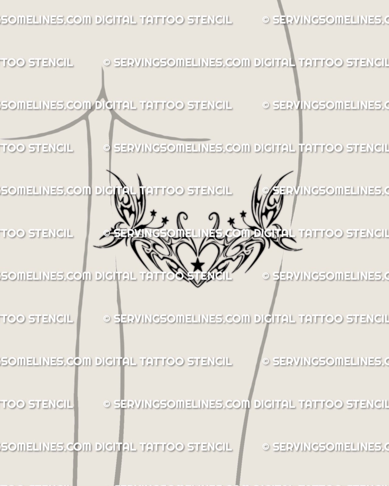 Butterfly heart tattoo displayed on feminine back of thigh example, showing a wide Y2K tribal shape across the leg
