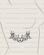 Decorative heart tattoo with butterflies shown on womens ribs placement, with soft Y2K details and star accents