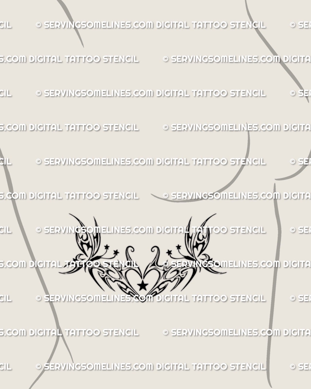 Decorative heart tattoo with butterflies shown on womens ribs placement, with soft Y2K details and star accents